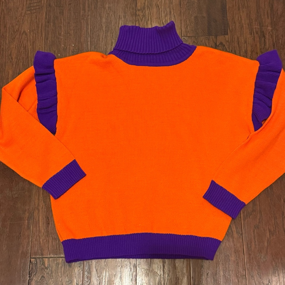Clemson Orange & Purple Ruffle Shoulder Sweater Long Sleeve Turtle Neck TIGERS